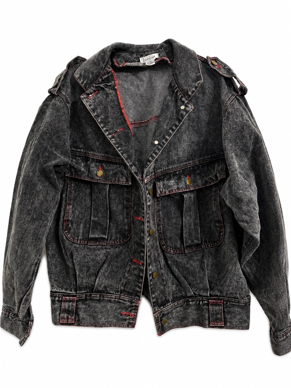 Vintage Bonjour Black Acid Wash Denim Jacket Red Contrast Stitch Snap Cotton 20